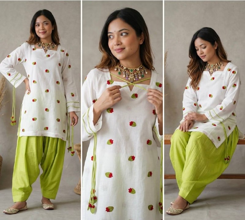 Ethereal Ivory White Short Kurti Adorned with Delicate Floral Embroidery and Tassel Detailing, Paired with a Vibrant Mehendi Green Salwar